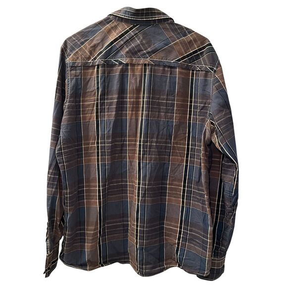 BKE Plaid Button Up Shirt Men's Size Large Slim Fit Blue/Brown Hiking Cabincore - Picture 2 of 4